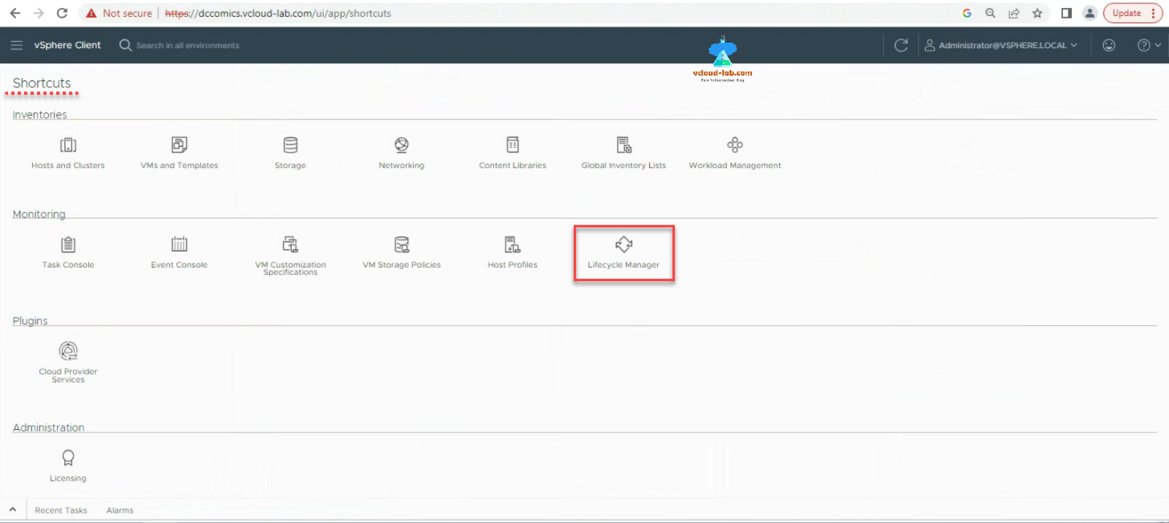 Vmware vsphere vCenter esxi vsphere client web hosts and clusters vms and templates storage network Lifecycle Manager Host Profiles licensing.png