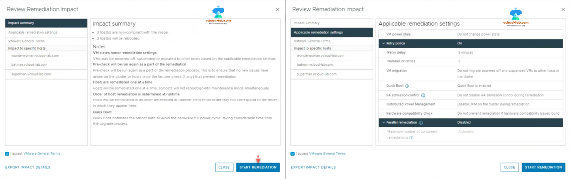 VMware vsphere vCenter esxi server remediation report applicable remediation settings runtime ha admission control quick boot distributed power management lifecycle manager vum vmware update manager.png